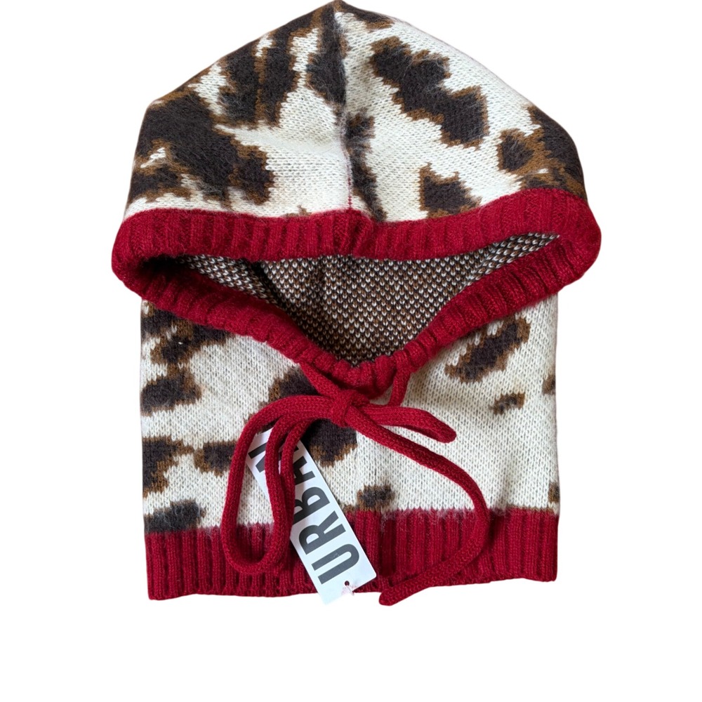 Urban Outfitters Cow Print Knit Balaclava Hood Red Trim Drawstring NWT